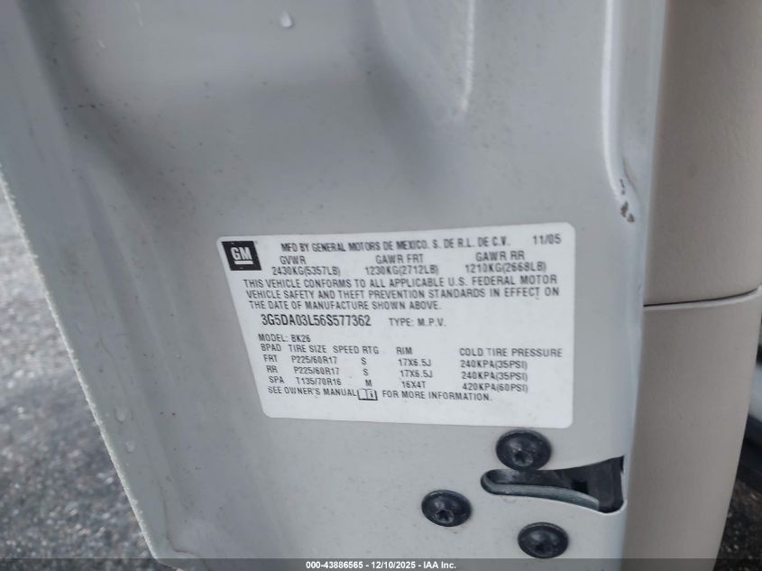 2006 Buick Rendezvous Cx VIN: 3G5DA03L56S577362 Lot: 43886565