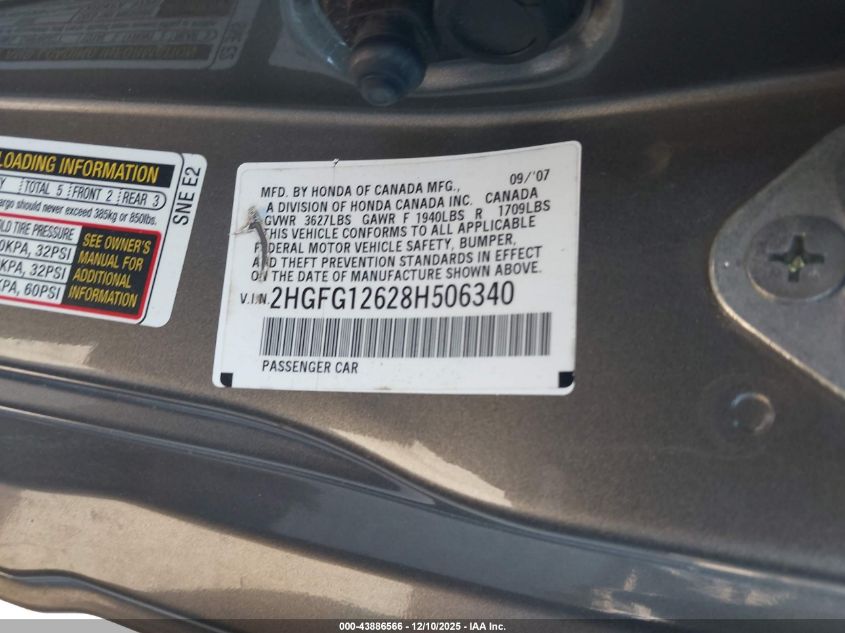 2008 Honda Civic Lx VIN: 2HGFG12628H506340 Lot: 43886566