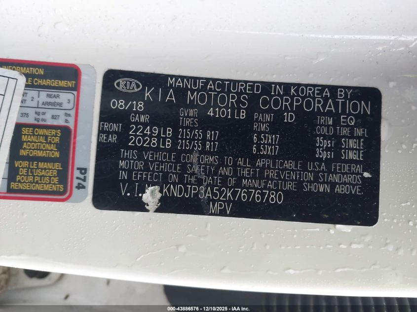 2019 Kia Soul + VIN: KNDJP3A52K7676780 Lot: 43886576