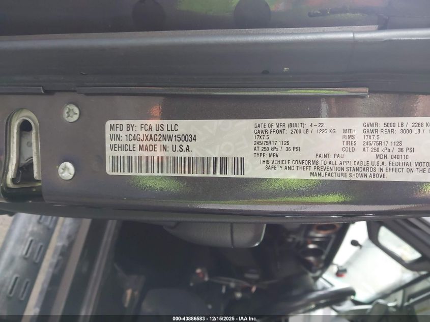 2022 Jeep Wrangler Sport S 4X4 VIN: 1C4GJXAG2NW150034 Lot: 43886583