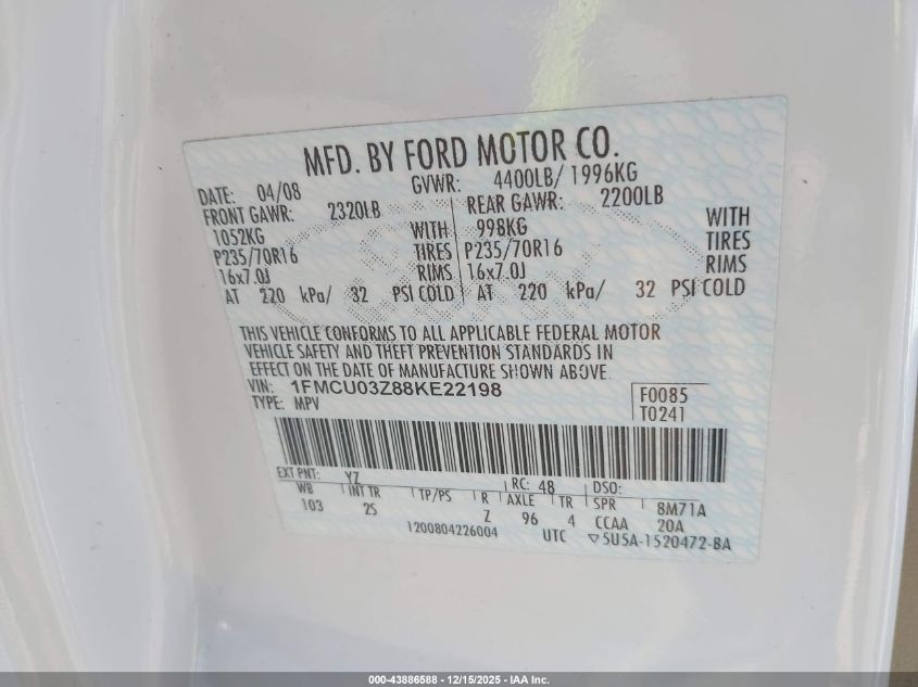 2008 Ford Escape Xlt VIN: 1FMCU03Z88KE22198 Lot: 43886588