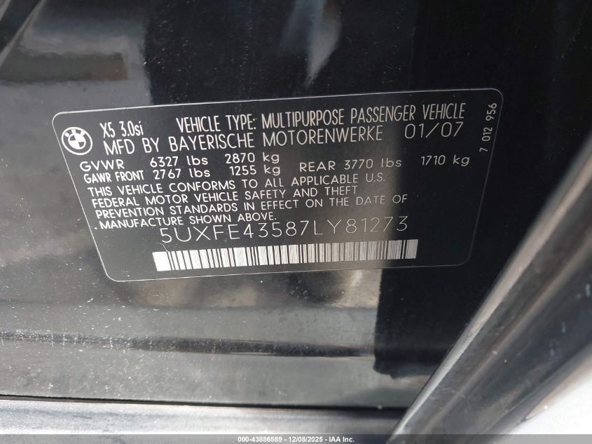 2007 BMW X5 3.0Si VIN: 5UXFE43587LY81273 Lot: 43886589