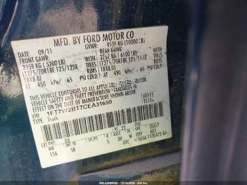 2012 Ford F-250 Lariat VIN: 1FT7W2BT7CEA31690 Lot: 43886590