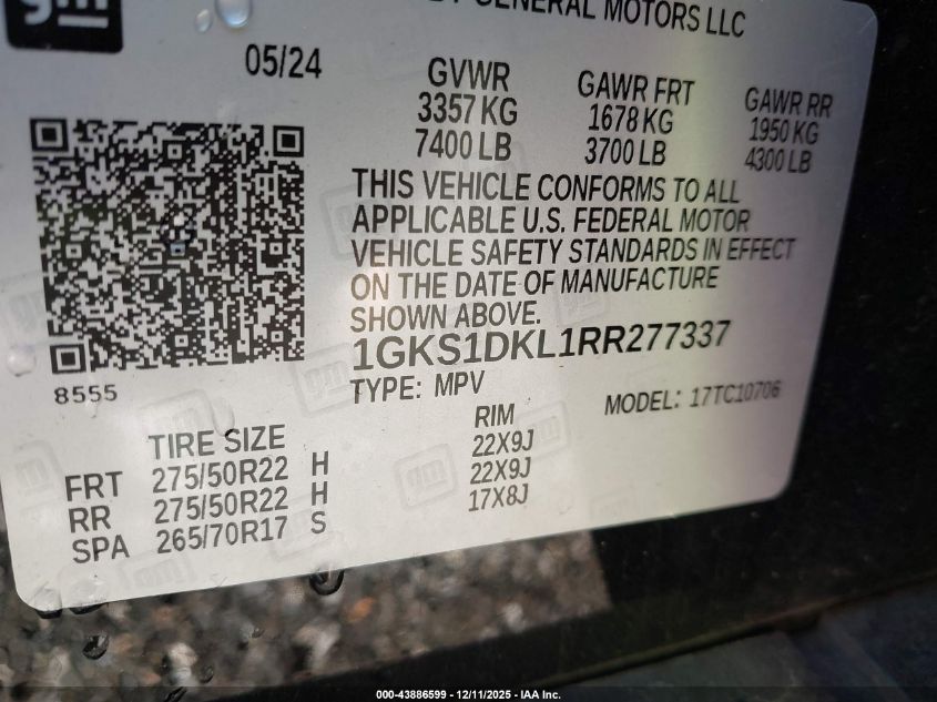 2024 GMC Yukon 2Wd Denali VIN: 1GKS1DKL1RR277337 Lot: 43886599