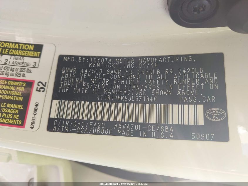 2018 Toyota Camry Se VIN: 4T1B11HK9JU571848 Lot: 43886624