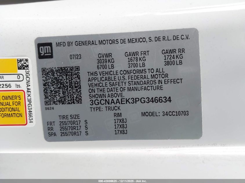 2023 Chevrolet Silverado 1500 2Wd Standard Bed Wt VIN: 3GCNAAEK3PG346634 Lot: 43886625