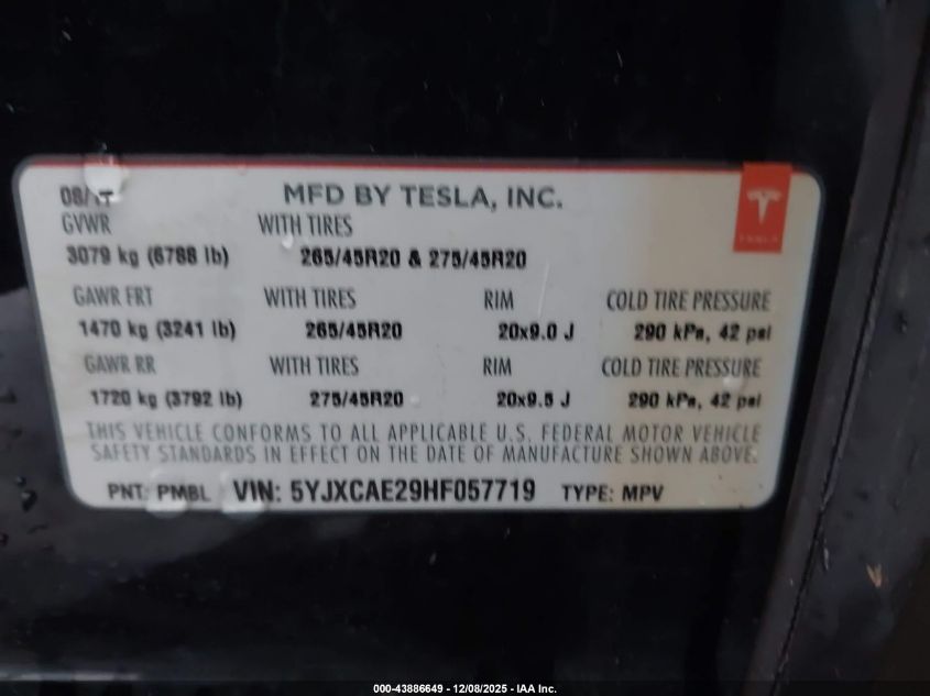 2017 Tesla Model X 100D/75D/90D VIN: 5YJXCAE29HF057719 Lot: 43886649