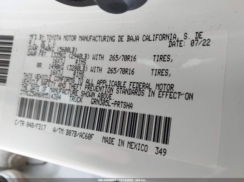 2022 Toyota Tacoma Trd Off Road VIN: 3TMCZ5AN6NM514384 Lot: 43886652