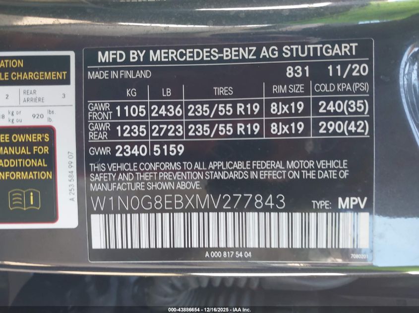 2021 Mercedes-Benz Glc 300 4Matic Suv VIN: W1N0G8EBXMV277843 Lot: 43886654