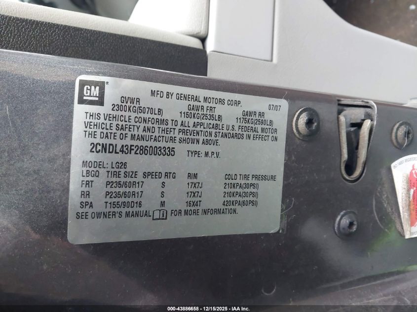 2008 Chevrolet Equinox Lt VIN: 2CNDL43F286003335 Lot: 43886658