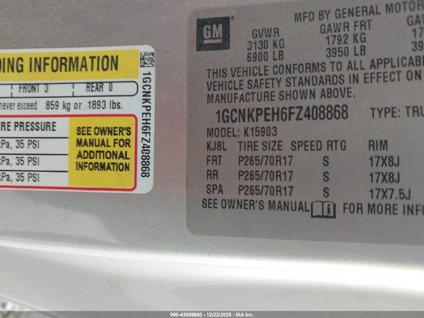 2015 Chevrolet Silverado 1500 Wt VIN: 1GCNKPEH6FZ408868 Lot: 43886660