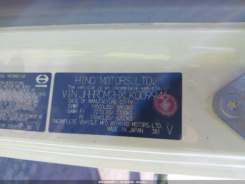 2020 Hino Xjc720/Xfc720 VIN: JHHRDM2HXLK009946 Lot: 43886671