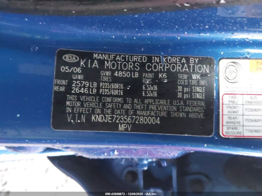 2006 Kia Sportage Ex V6/Lx V6 VIN: KNDJE723567280004 Lot: 43886672