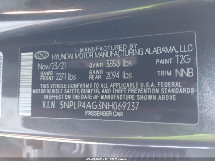 2022 Hyundai Elantra Limited VIN: 5NPLP4AG3NH069237 Lot: 43886673