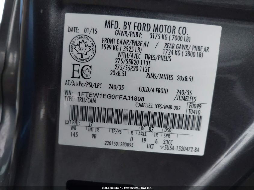 2015 Ford F-150 Platinum VIN: 1FTEW1EG0FFA31898 Lot: 43886677