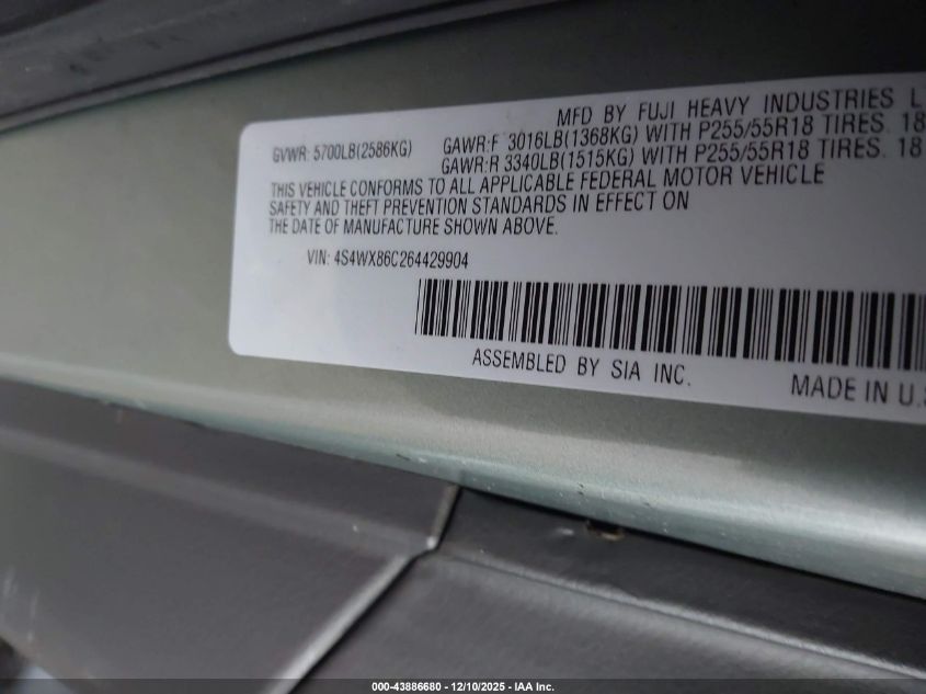 2006 Subaru B9 Tribeca Limited 7-Passenger VIN: 4S4WX86C264429904 Lot: 43886680