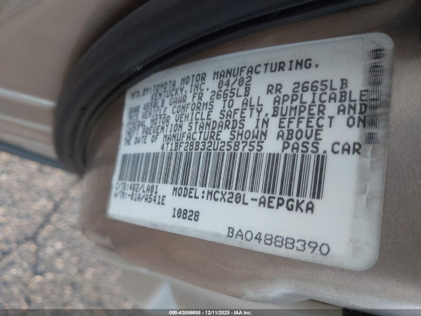 2002 Toyota Avalon Xls VIN: 4T1BF28B32U258755 Lot: 43886688