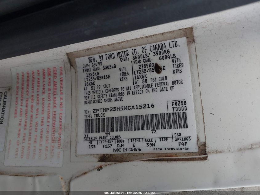 1991 Ford F250 VIN: 2FTHF25H5MCA15216 Lot: 43886691