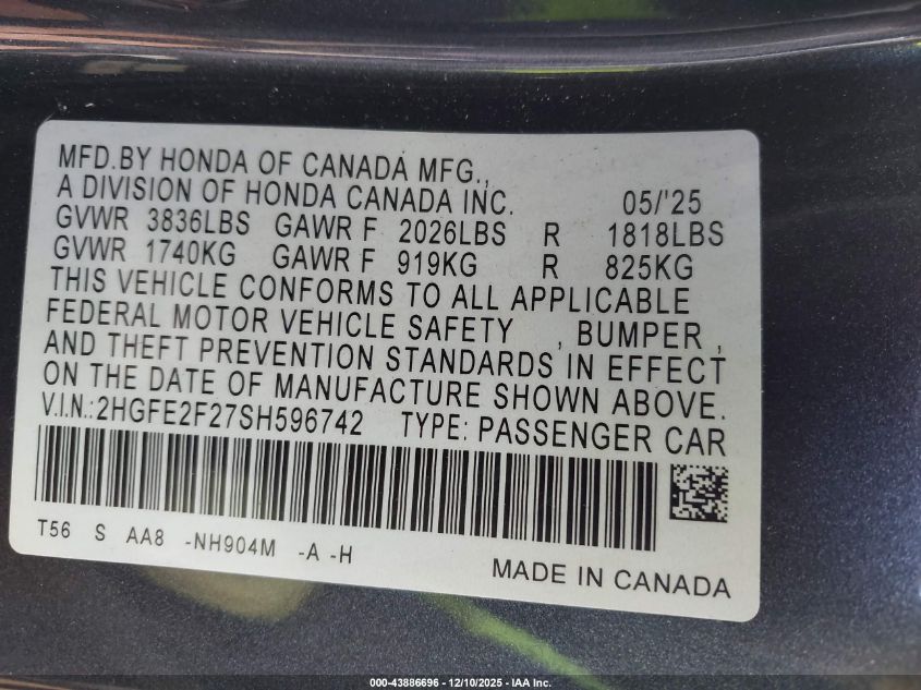 2025 Honda Civic Lx VIN: 2HGFE2F27SH596742 Lot: 43886696