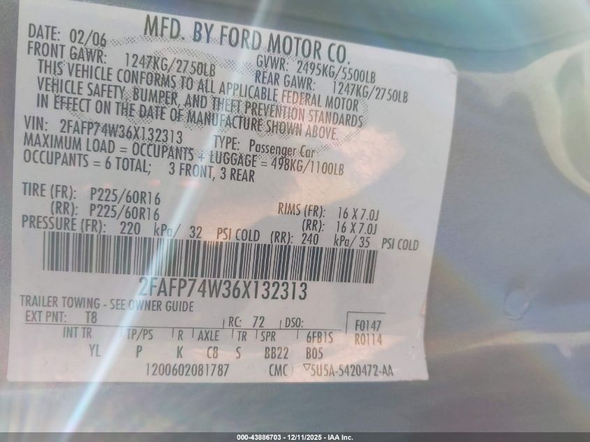 2006 Ford Crown Victoria Lx/Lx Sport VIN: 2FAFP74W36X132313 Lot: 43886703