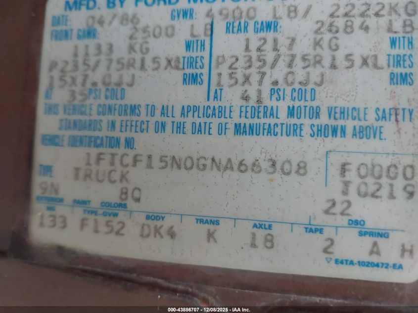 1986 Ford F150 VIN: 1FTCF15N0GNA66308 Lot: 43886707