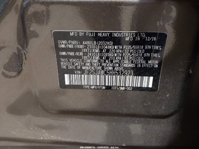 2017 Subaru Forester 2.5I Touring VIN: JF2SJAWC5HH532923 Lot: 43886719