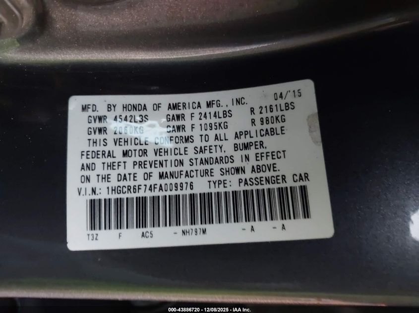 2015 Honda Accord Hybrid Touring VIN: 1HGCR6F74FA009976 Lot: 43886720