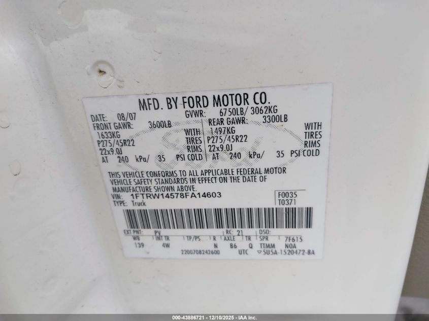 2008 Ford F-150 Harley-Davidson/Limited VIN: 1FTRW14578FA14603 Lot: 43886721