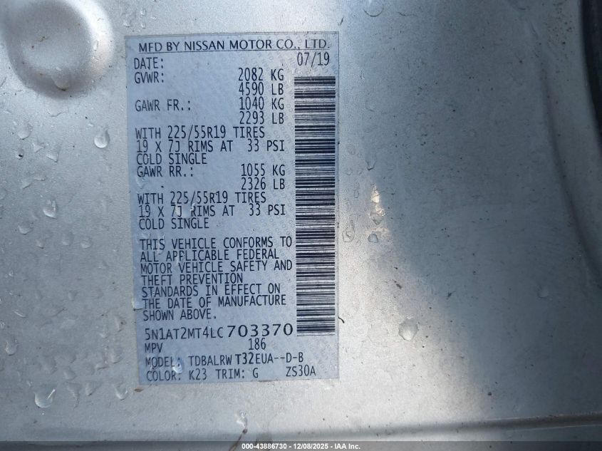 2020 Nissan Rogue Sl Fwd VIN: 5N1AT2MT4LC703370 Lot: 43886730