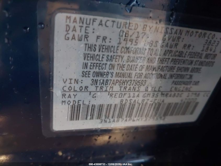 2017 Nissan Sentra S VIN: 3N1AB7AP6HY379593 Lot: 43886733