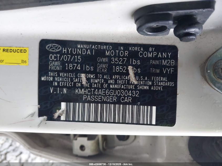 2016 Hyundai Accent Se VIN: KMHCT4AE6GU030432 Lot: 43886736