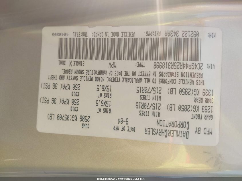 2005 Chrysler Town & Country Lx VIN: 2C4GP44R25R318998 Lot: 43886745