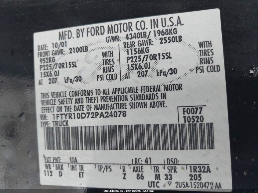 2002 Ford Ranger Xl/Xlt VIN: 1FTYR10D72PA24078 Lot: 43886755