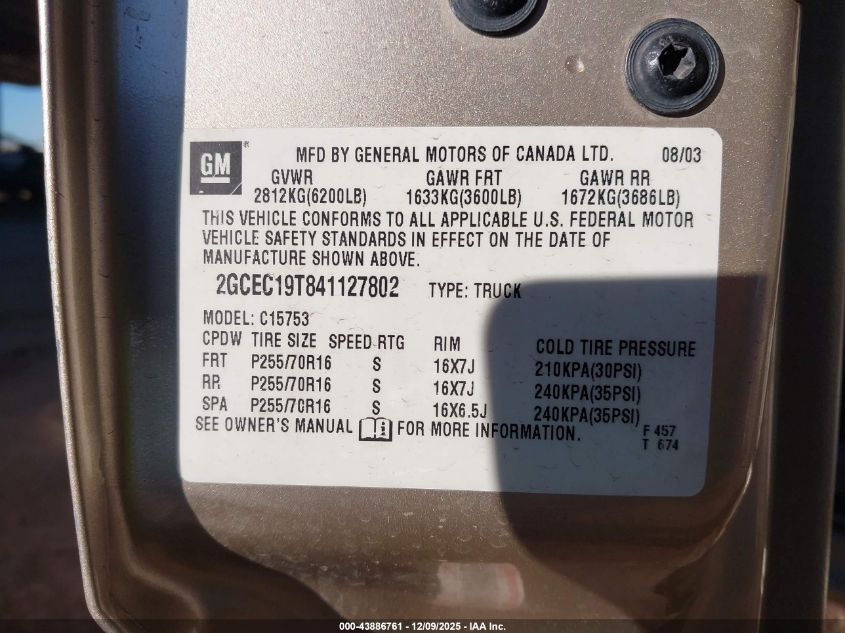 2004 Chevrolet Silverado 1500 Ls VIN: 2GCEC19T841127802 Lot: 43886761