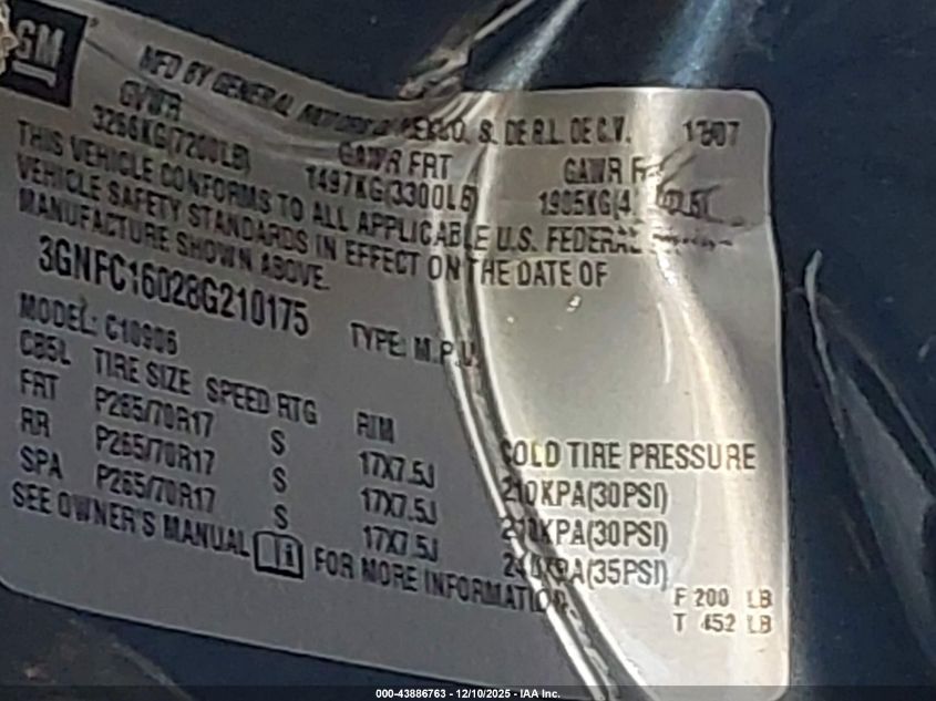 2008 Chevrolet Suburban 1500 Lt VIN: 3GNFC16028G210175 Lot: 43886763