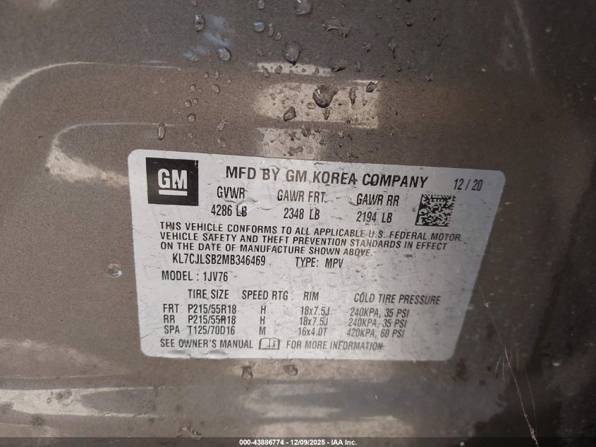 2021 Chevrolet Trax Fwd Lt VIN: KL7CJLSB2MB346469 Lot: 43886774