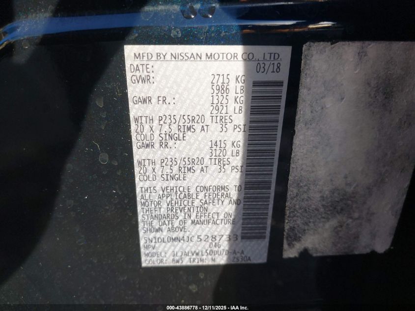 2018 Infiniti Qx60 VIN: 5N1DL0MN4JC528733 Lot: 43886778