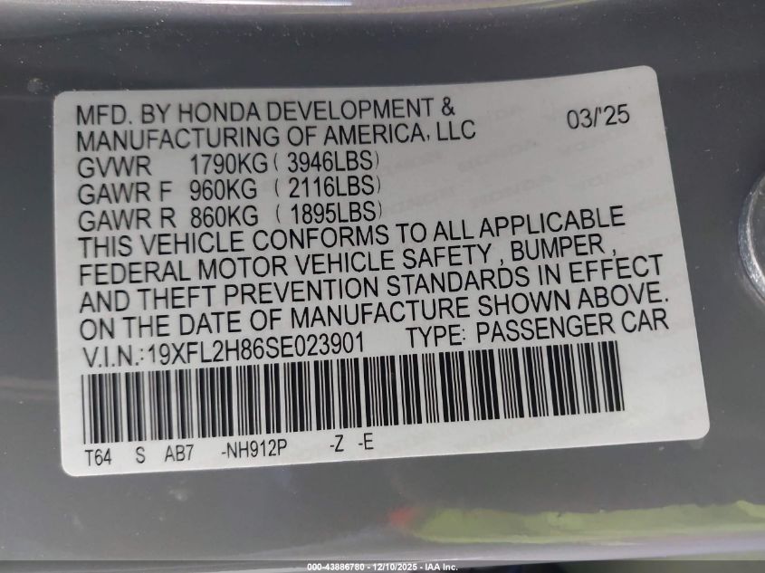 2025 Honda Civic Sedan Sport VIN: 19XFL2H86SE023901 Lot: 43886780