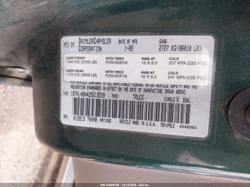 2002 Dodge Dakota Slt VIN: 1B7HL48N42S619239 Lot: 43886788