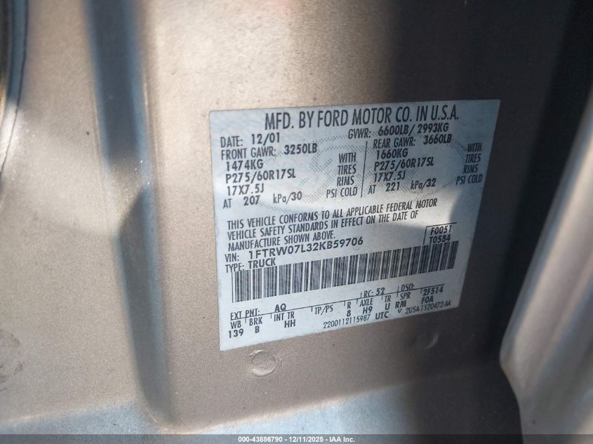 2002 Ford F-150 Lariat/Xlt VIN: 1FTRW07L32KB59706 Lot: 43886790