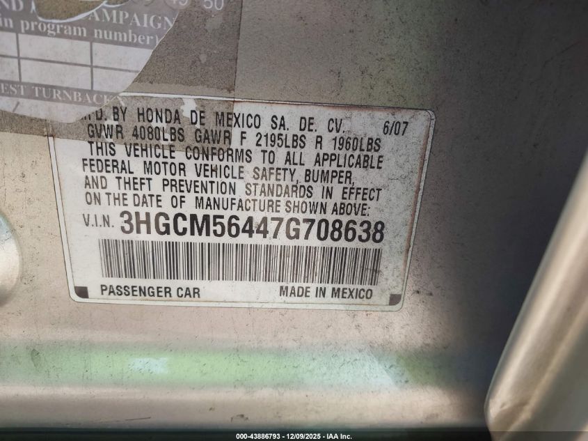 2007 Honda Accord 2.4 Lx VIN: 3HGCM56447G708638 Lot: 43886793