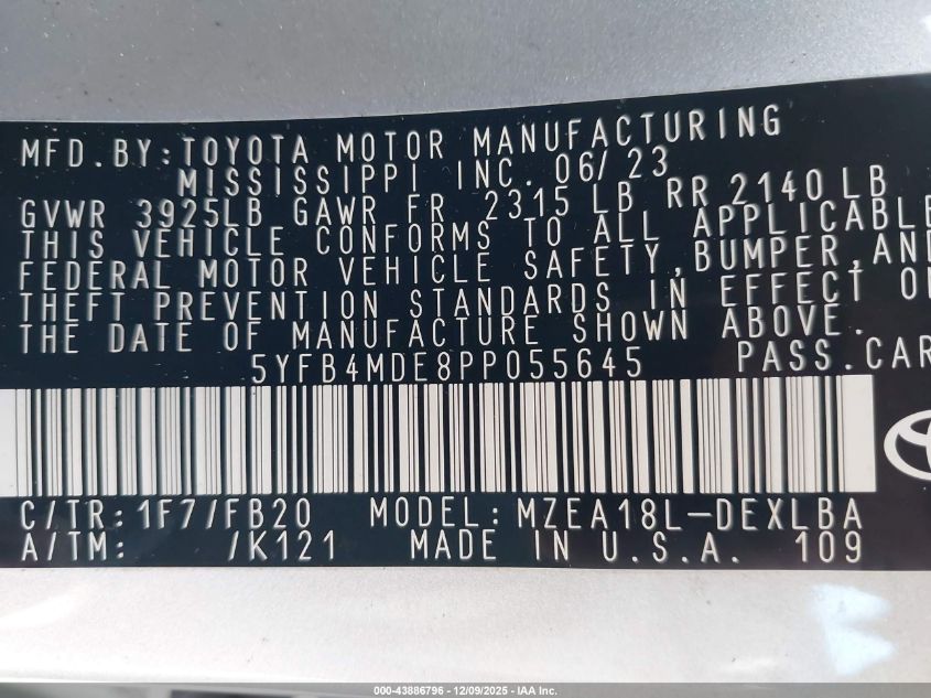 2023 Toyota Corolla Le VIN: 5YFB4MDE8PP055645 Lot: 43886796