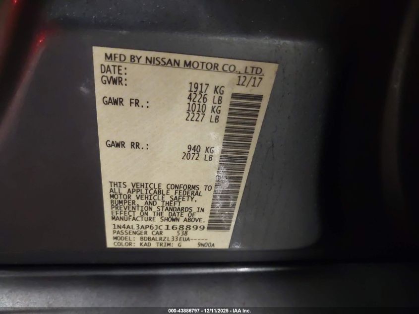 2018 Nissan Altima 2.5 Sl VIN: 1N4AL3AP6JC168899 Lot: 43886797