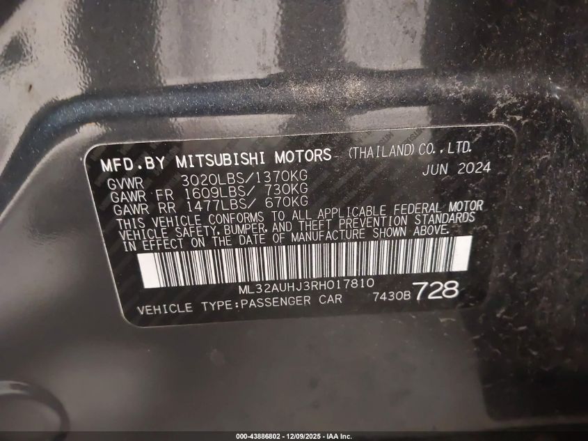 2024 Mitsubishi Mirage Es/Le VIN: ML32AUHJ3RH017810 Lot: 43886802
