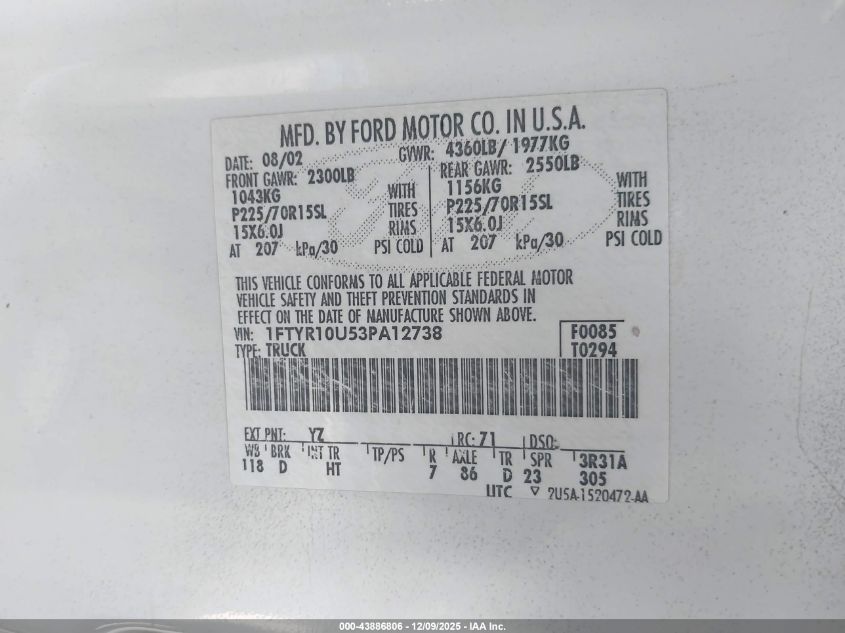 2003 Ford Ranger Edge/Xl/Xlt VIN: 1FTYR10U53PA12738 Lot: 43886806