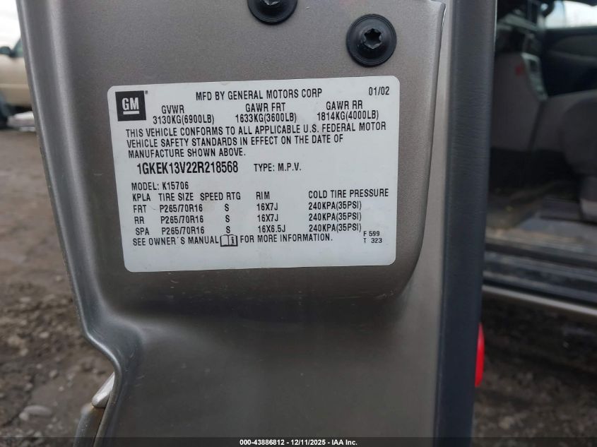 2002 GMC Yukon Sle VIN: 1GKEK13V22R218568 Lot: 43886812