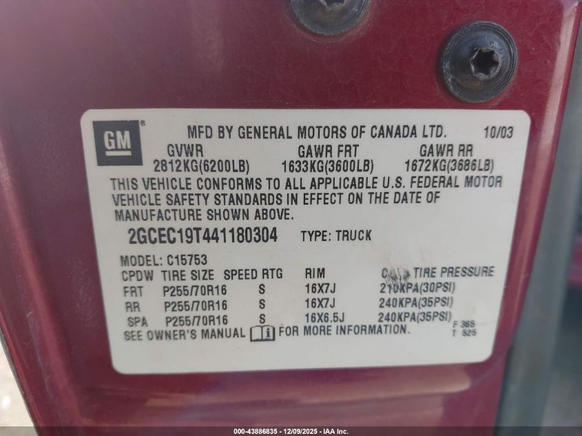 2004 Chevrolet Silverado 1500 Ls VIN: 2GCEC19T441180304 Lot: 43886835