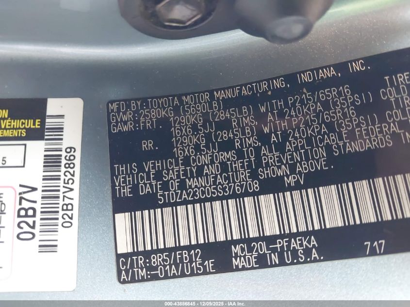 2005 Toyota Sienna Le VIN: 5TDZA23C05S376708 Lot: 43886845