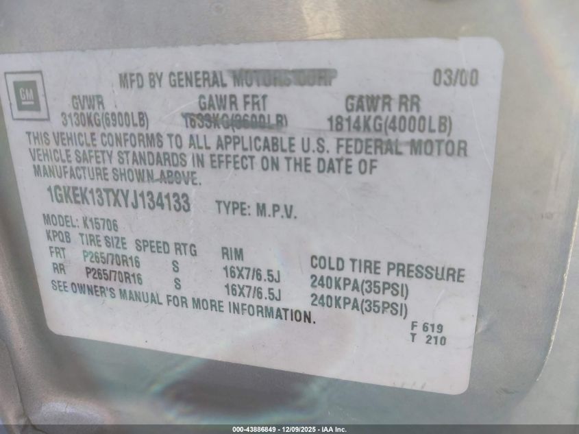 2000 GMC Yukon Slt VIN: 1GKEK13TXYJ134133 Lot: 43886849