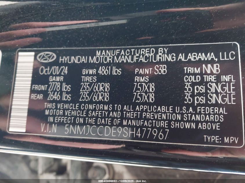 2025 Hyundai Tucson Sel Convenience VIN: 5NMJCCDE9SH477967 Lot: 43886853